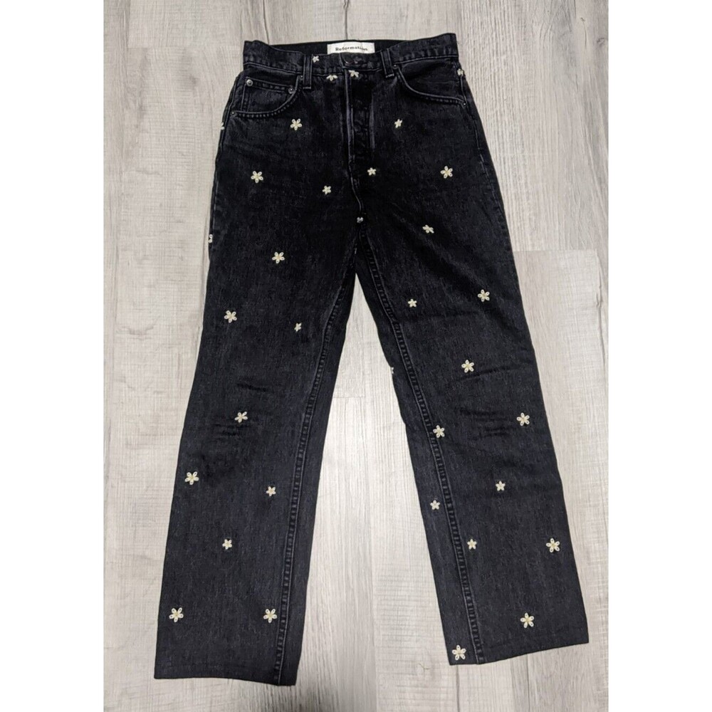 Reformation Cynthia High Relaxed Black Daisy Jeans Women's Size 25